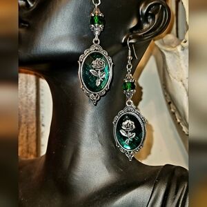Silver and Green Rose Drop Earrings